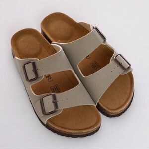 Men's Beige Double-Buckle Slide Sandals